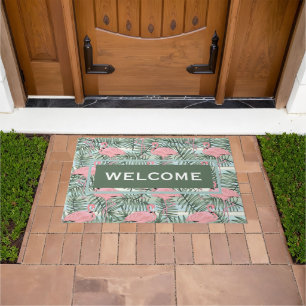 Custom Hip Pink Flamingoes Cute Palm Leafs Pattern Doormat