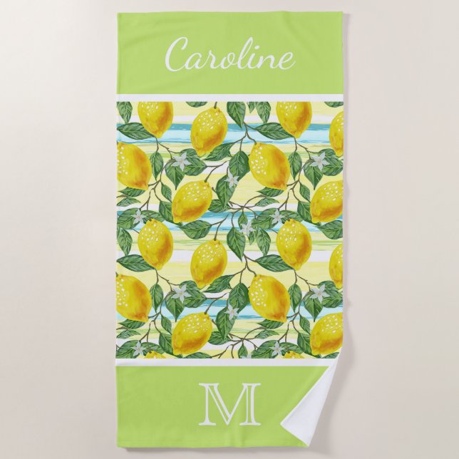 Custom Hip Tropical Summer Lemons Fruit Pattern Beach Towel (Front)