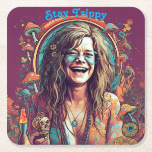 Custom Hippie Boho Stay Trippy Vibes Personalise Square Paper Coaster