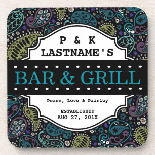 Custom Hippie Peacock Paisley Bar and Grille Coaster