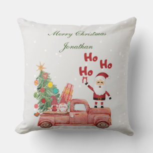 Custom Ho Ho Ho Santa on a red truck in the snow Cushion