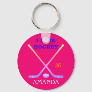 Custom Hockey Girl Cute Pastel Ombre Sticks/Puck Key Ring