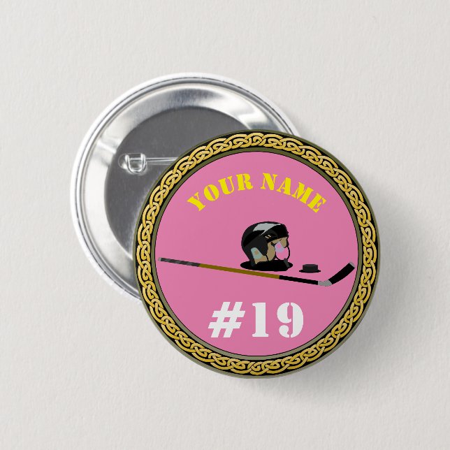 Custom Hockey Player - Add Name & Number - pink 6 Cm Round Badge (Front & Back)