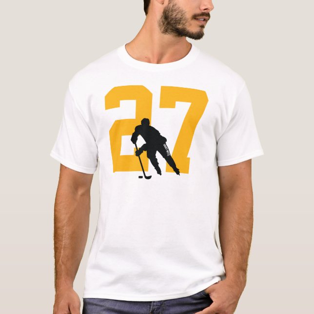 Custom Hockey Player Number Black and Gold T-Shirt (Front)