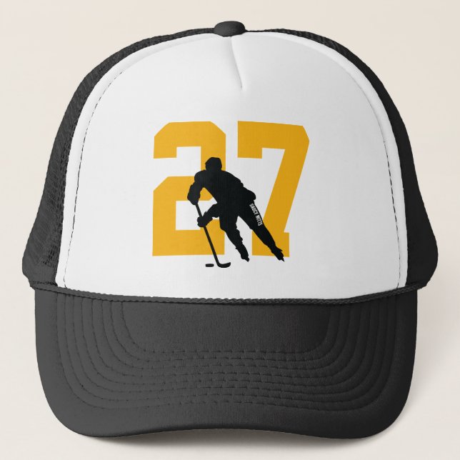 Custom Hockey Player Number Black and Gold Yellow Trucker Hat (Front)