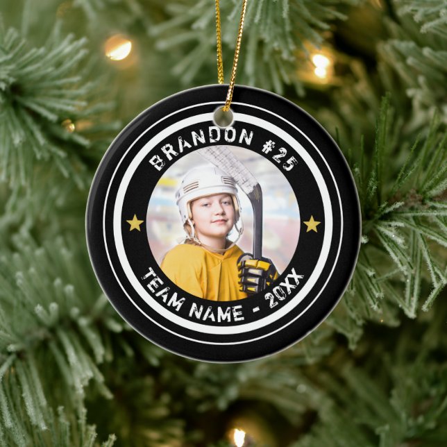 Custom Hockey Player Number Team Photo Your Colour Ceramic Ornament (Tree)