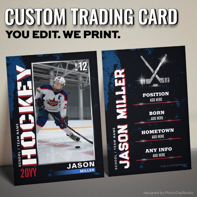 Custom Hockey Trading Card, Blue Red Hockey Calling Card (USA Blue Red Hockey Trading Card Hockey Gifts)