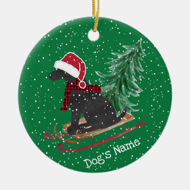 Custom Holiday Black Lab Xmas Tree Sled Ceramic Ornament (Front)