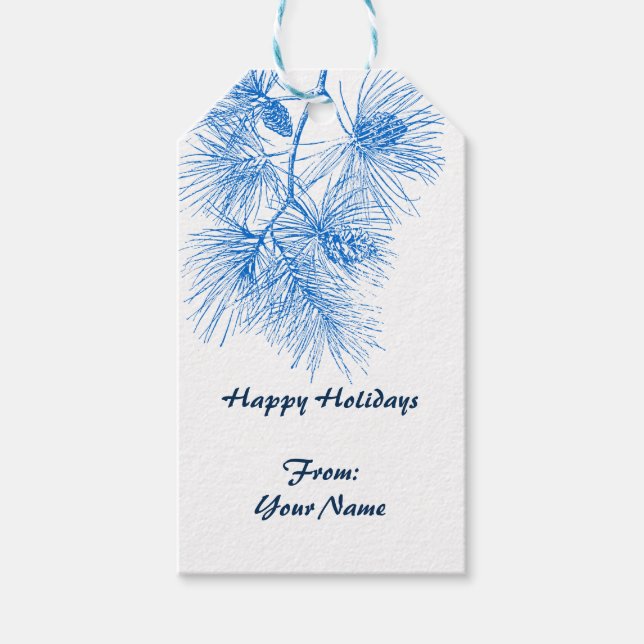 Custom Holiday Blue White Pine Pattern Gift Tag (Front)