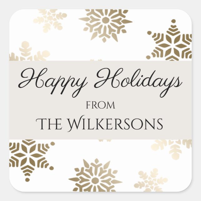 Custom Holiday Family Name and Gold Snowflakes Square Sticker (Front)