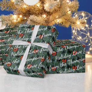 Custom Holiday Greetings On Holly Berries Pattern Wrapping Paper