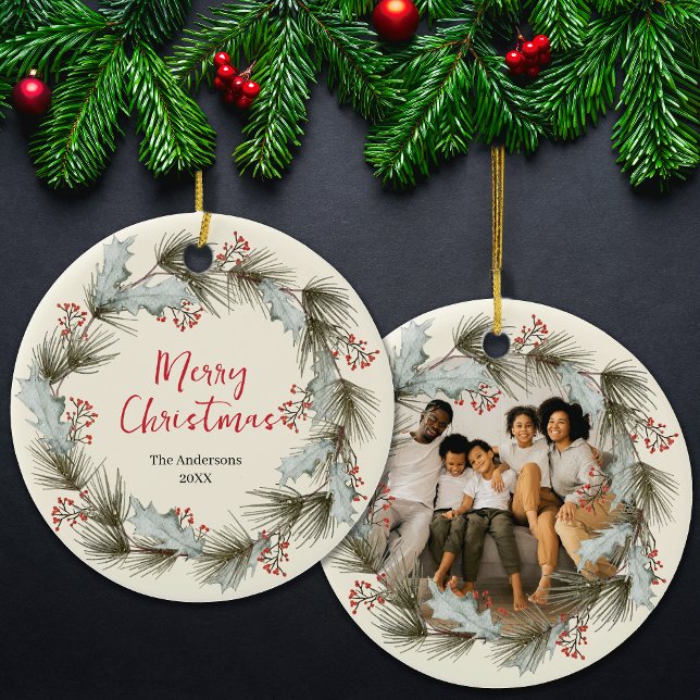 Custom Holiday Keepsake with Wreath Family Photo Ceramic Ornament (Creator Uploaded)