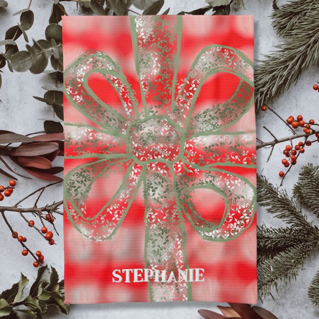 Custom holiday name plaid red white green bow cute tea towel (Creator Uploaded)