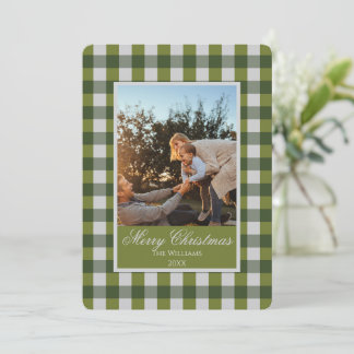 Custom Holiday Photo Card On Green Gingham