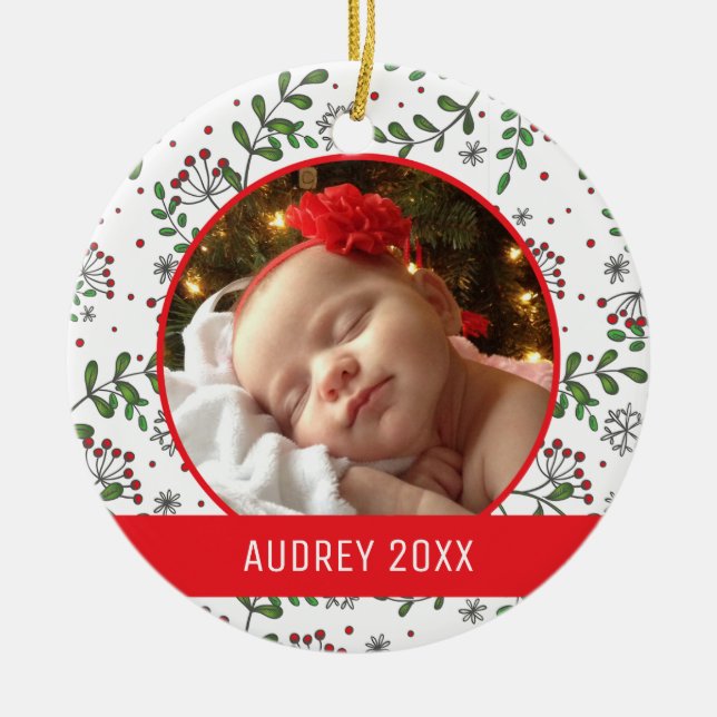 Custom Holiday Photo | Mistletoe Pattern Ceramic Ornament (Front)