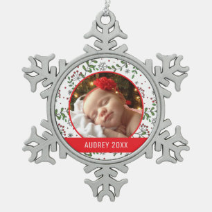 Custom Holiday Photo   Mistletoe Pattern Snowflake Pewter Christmas Ornament