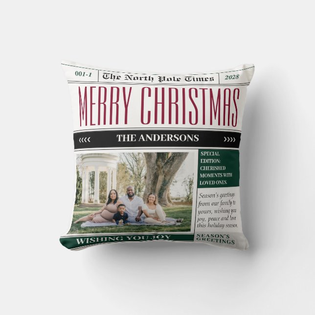 Custom Holiday Times Newspaper Christmas Photo Cushion (Front)
