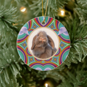 Custom Holland Lop Rabbit Photo Rainbow Art Ceramic Ornament