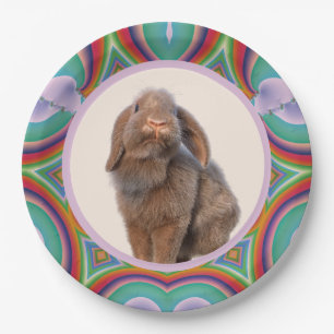 Custom Holland Lop Rabbit Photo Rainbow Art Paper Plate