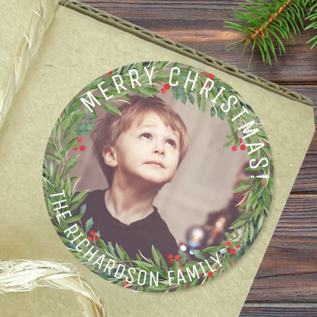 Custom Holly Wreath Family Photo Christmas Classic Round Sticker (Spread holiday joy with our personalized photo wreath stickers)