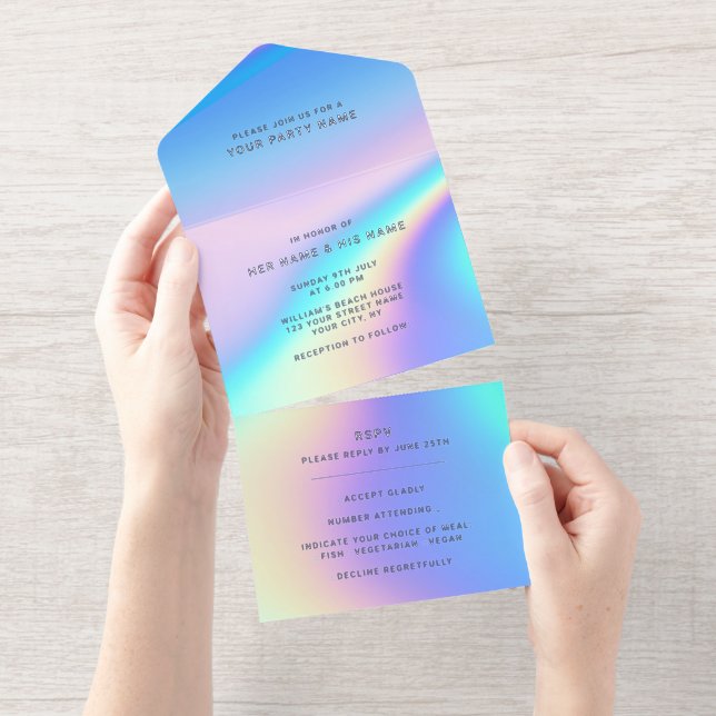 Custom Holographic Modern Elegant Foil All In One Invitation (Tearaway)