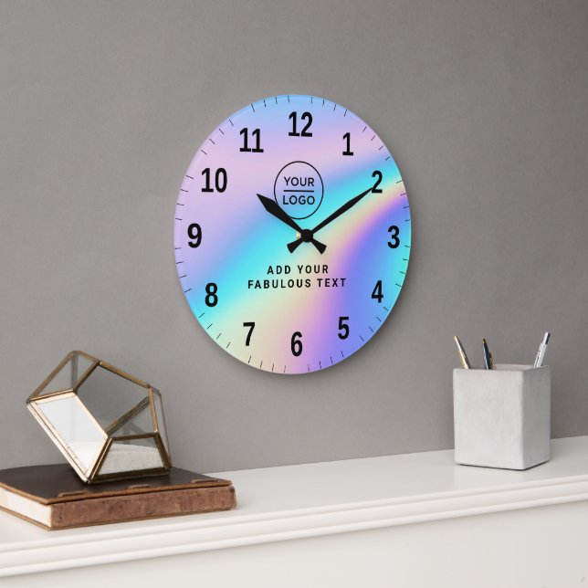 Custom Holographic Rainbow Cute Logo and Text Large Clock (Office)