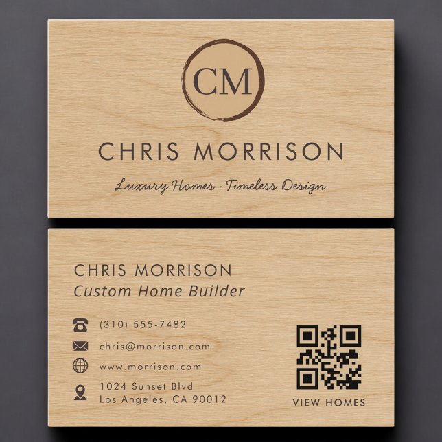 Custom Home Builder Wood QR Code Professional Business Card (Creator Uploaded)