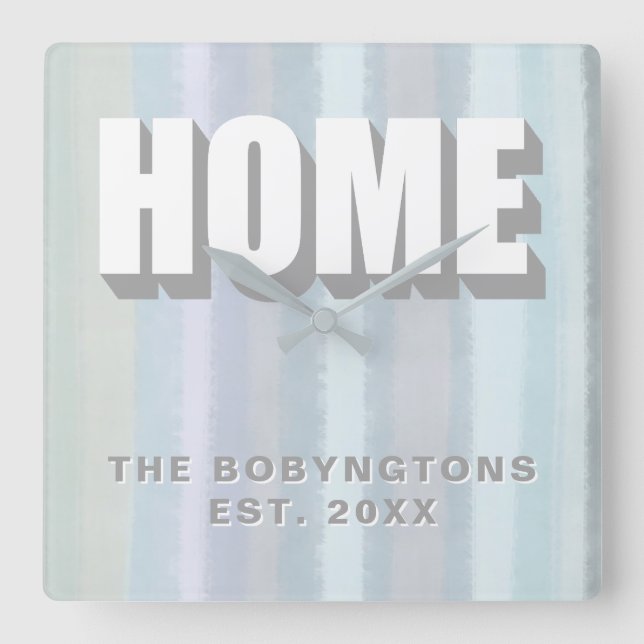 Custom Home Family name pastel stripes neutral  Square Wall Clock (Front)