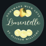Custom Homemade Dark Green Limoncello Label<br><div class="desc">Elegant and modern limoncello sticker label with the text limoncello, homemade with love and your name in chic script calligraphy and modern typography on a dark green background with a stylish touch of pretty watercolor lemon and lemon slices. Simply add your name or business. Exclusively designed for you by Happy...</div>