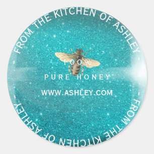 Custom Homemade Honey Turquoise Blue Glitter Glass Classic Round Sticker