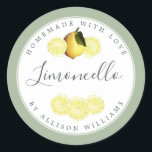 Custom Homemade Limoncello Label Laurel Green<br><div class="desc">Elegant and modern limoncello sticker label with the text limoncello, homemade with love and your name in chic script calligraphy and modern typography on a laurel green background with a stylish touch of pretty watercolor lemon and lemon slices. Simply add your name or business. Exclusively designed for you by Happy...</div>