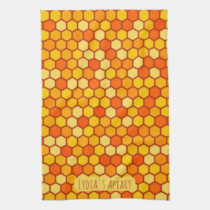 Custom Honeycomb Bright Orange and Golden Beehive Tea Towel