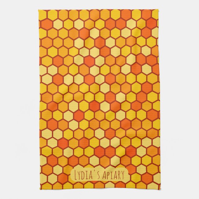 Custom Honeycomb Bright Orange and Golden Beehive Tea Towel (Vertical)