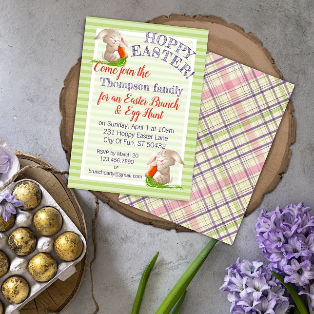 Custom Hoppy Easter Bunny Stripes Plaid Pattern Invitation (Creator Uploaded)