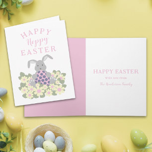 Custom Hoppy Happy Easter Cute Bunny Floral Pink Holiday Card