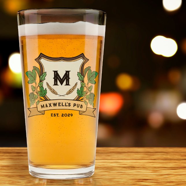 Custom Hops Barley Crest Your Pub Monogram Glass (Creator Uploaded)