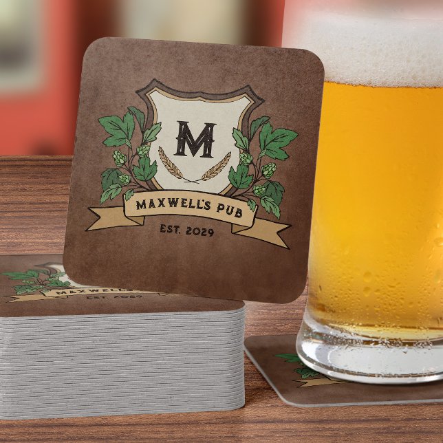 Custom Hops Barley Crest Your Pub Monogram Square Paper Coaster (Creator Uploaded)