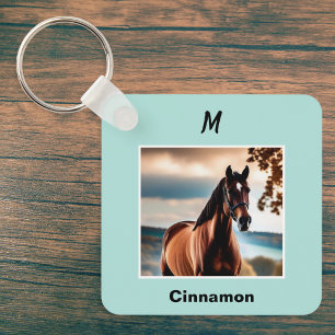 Custom Horse Photo Blue Personalised Monogram Key Ring