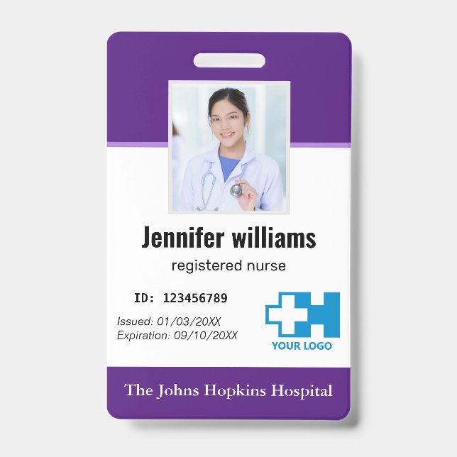 Custom Hospital Employee Logo & Photo elegant ID  Badge (Front)