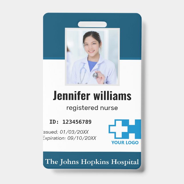 Custom Hospital Employee Logo & Photo navy blue ID Badge (Front)