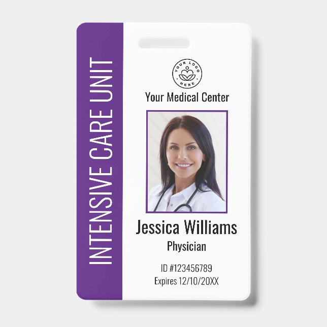 Custom Hospital Employee Logo Photo Purple ID Badge (Front)