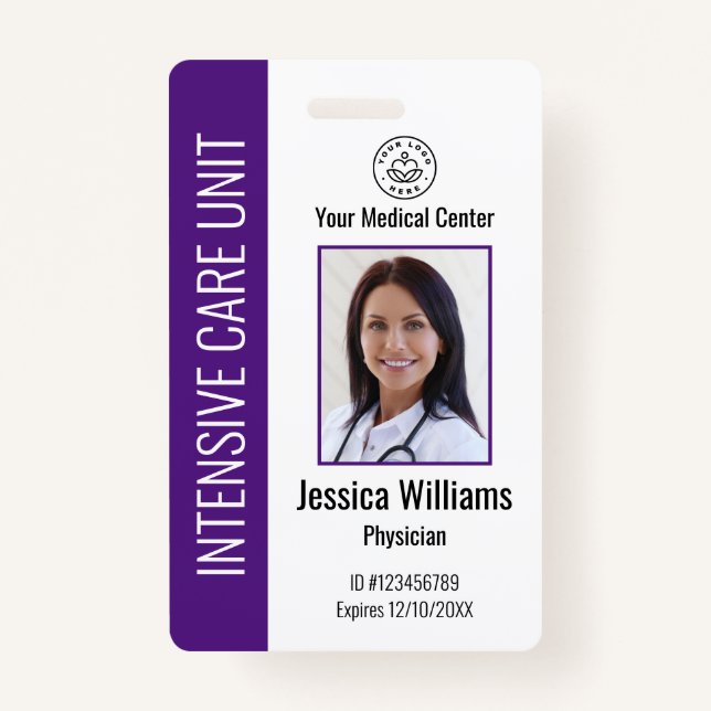 Custom Hospital Employee Logo Photo Purple ID ID Badge (Front)