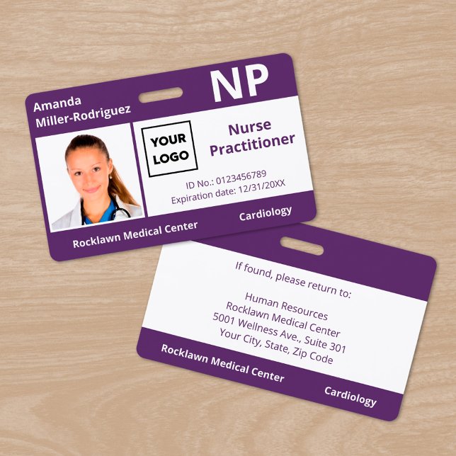 Custom Hospital Employee Logo Purple Photo ID ID Badge (Custom Hospital Employee Logo Purple Photo ID Badge, front/back)