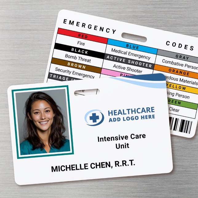 Custom Hospital Employee Photo ID Badge (Double-sided photo ID badge with custom emergency codes and barcode image)