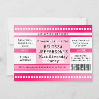 Custom Hot Pink Birthday Party Admission Ticket Invitation