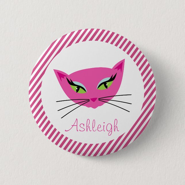 Custom Hot Pink Kitty with Stripes 6 Cm Round Badge (Front)
