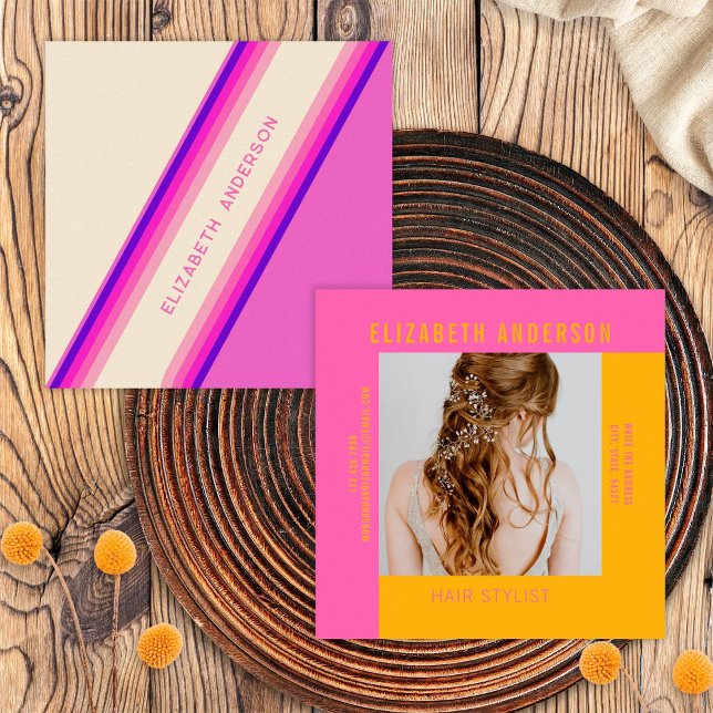 Custom Hot Pink Orange Retro Stripes 70s, 80s Square Business Card (Front/Back)