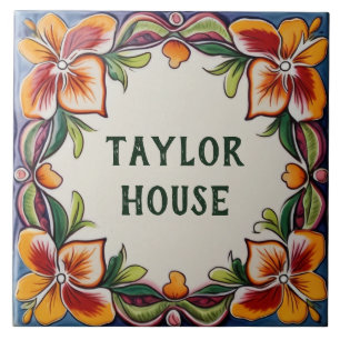 Custom House Name Plate Hawaiian Flowers Floral Ceramic Tile