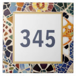 Custom House Number Sign Colourful Spanish Mosaic Ceramic Tile<br><div class="desc">Please note: This is a faux mosaic. It is a printed graphic giving the illusion of mosaic stones. "custom house number plate", "personalised house no plaque", "personal customised text sign", "modern abstract design ceramic tile", "multicolored colourful gaudi mosaic", "building home apartment door", "mustard yellow red navy blue", "fun pretty mediterranean...</div>