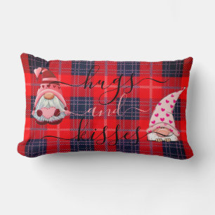 Custom HUGS & KISSES Gnome Buffalo Plaid Valentine Lumbar Cushion